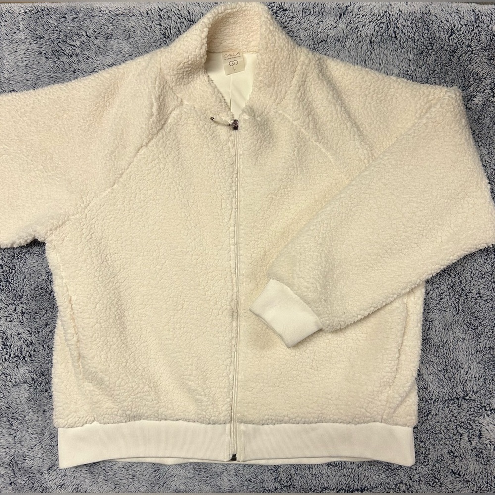 Women’s Calia Sherpa jacket, size L, fuzzy fleece cream/off white